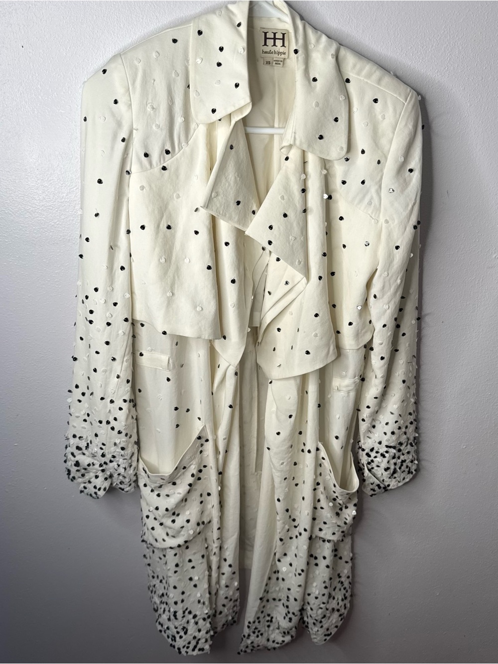 Haute Hippie Cream Draped Trench Coat w/ Black & White Sequin Dot Embellishment
